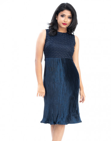Navy Blue Self Design A-Line Dress