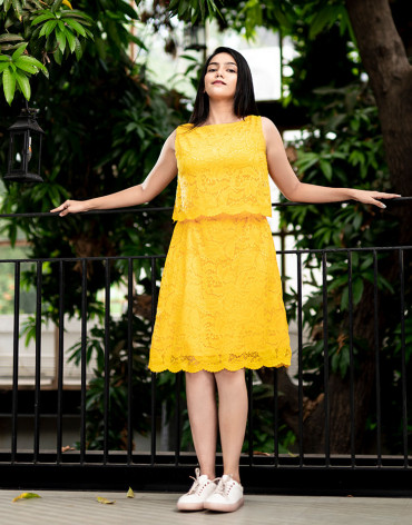 Yellow A Line Lace Dress