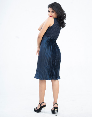Navy Blue Self Design A-Line Dress