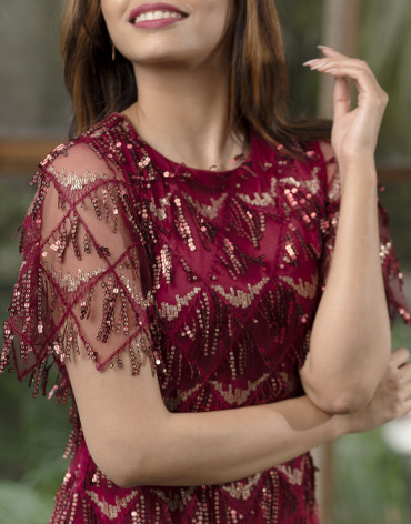 MAROON SEQUINS A LINE DRESS
